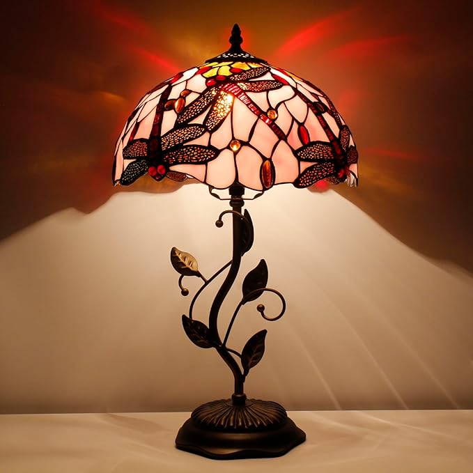 WXCFCD Tiffany Lamp Table Lamp Stained Glass Desk Light 12X12X19 Inches Reading Light Decor Bedroom Living Room (Pink Dragonfly)