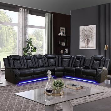 Leather Power Recliner Sectional Sofa with LED Light,L Shaped Leather Couch Set with 2 Recliner Seats,Modular Corner Sofa with Storage Console/Coffee Table for Living RoomBlack, Sectional