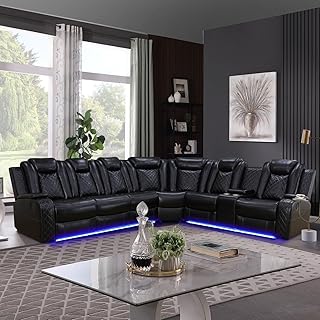 Leather Power Recliner Sectional Sofa with LED Light,L Shaped Leather Couch Set with 2 Recliner Seats，Modular Corner Sofa with Storage Console/Coffee Table for Living Room(Black, Sectional)