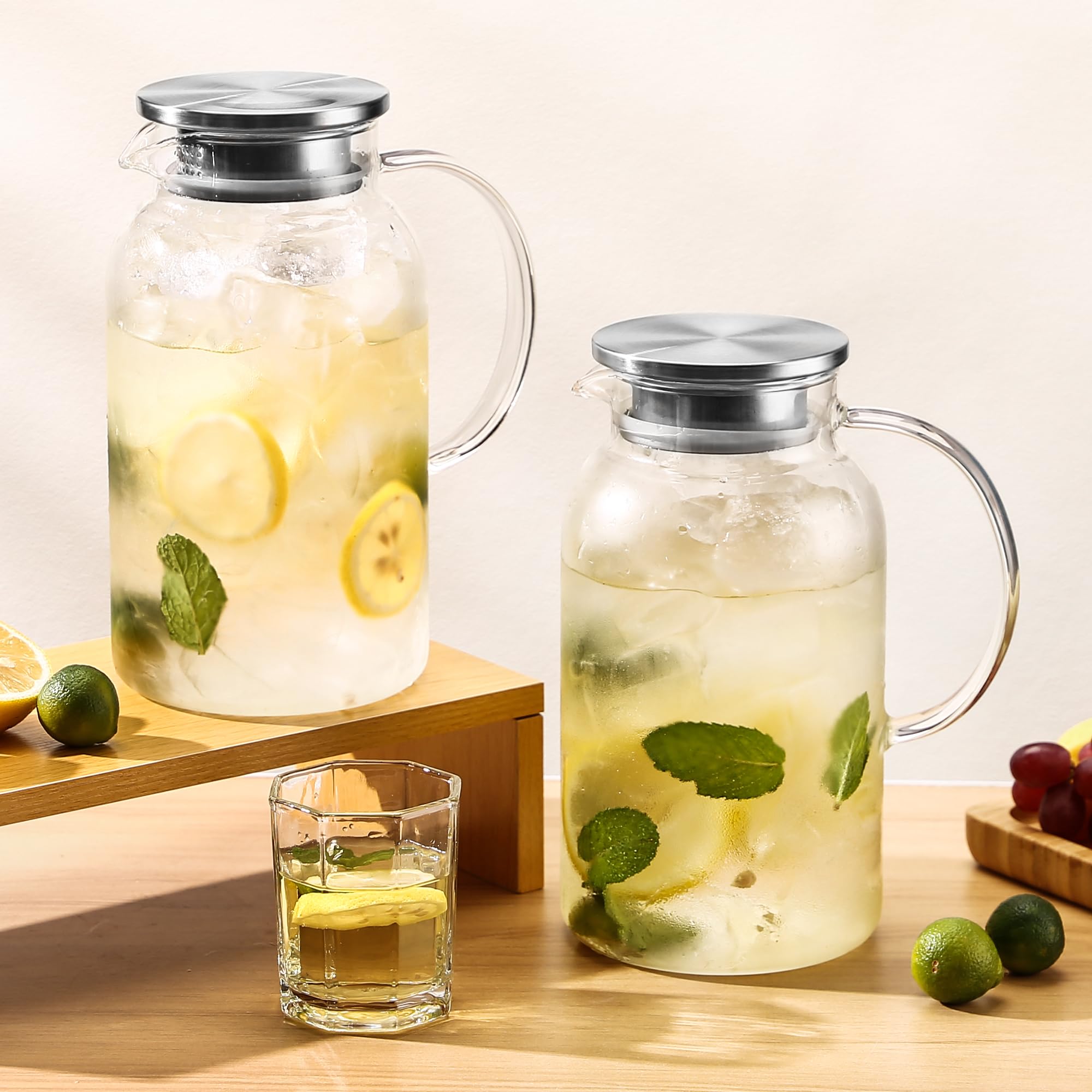 Jarra de vidrio de 68 onzas con tapa, jarra de vidrio para agua caliente/fría. Jarra de 0.5 galones, 2 unidades. Jarras de agua de vidrio para café frío, té helado, leche, tarro de té solar