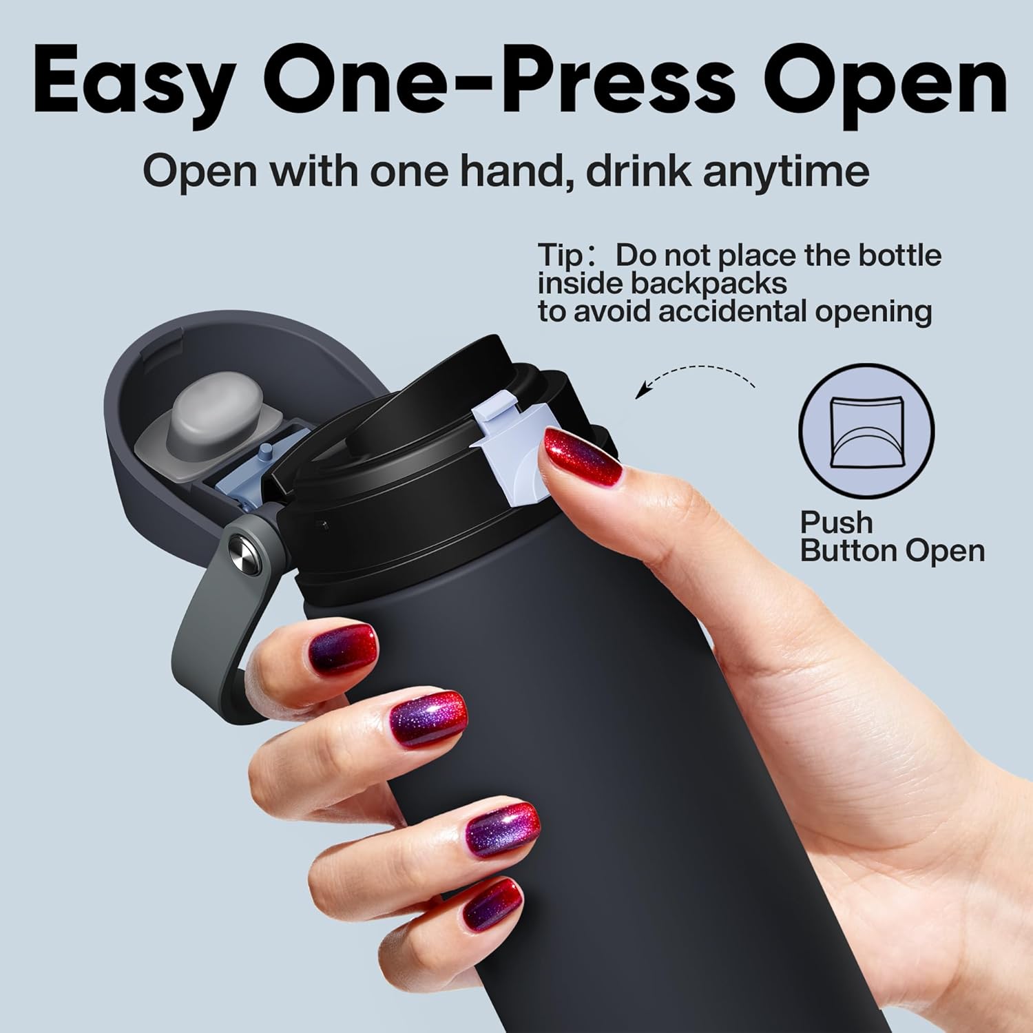 Insulated Water Bottle with Straw - Encool Stainless Steel Water Bottle with Push Button Lid, Leak-Proof & BPA-Free, Keeps Cold for 24 Hours for Sports, Travel, Gym (24 oz, Tuna Grey-Silver)