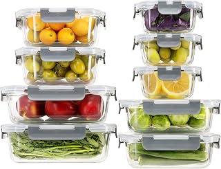 S SALIENT 18 Pieces Glass Food Storage Containers with Lids,Airtight Glass Meal Prep Containers,Glass Storage Containers Set for Kitchen,Pantry BPA Free & Leak Proof (9 lids & 9 Containers)
