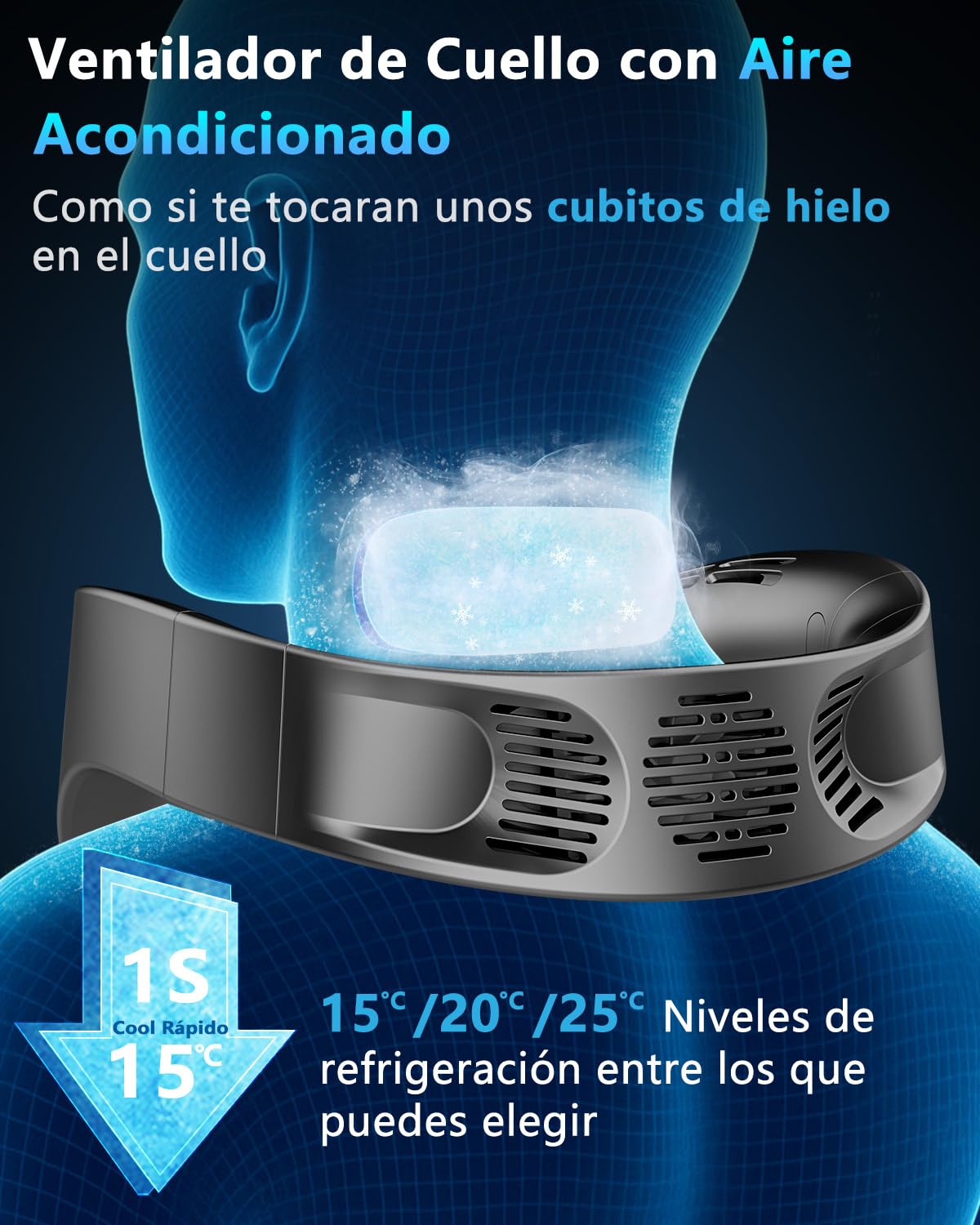 Kouric Ventilador de Cuello con Aire acondicionado Silencioso,5 Velocidades,5500mAh,Pantalla LED para Batería y Velocidad,Hasta 24 Horas,Portatil para Viajes, Oficina, Deportes y Exteriores-Negro