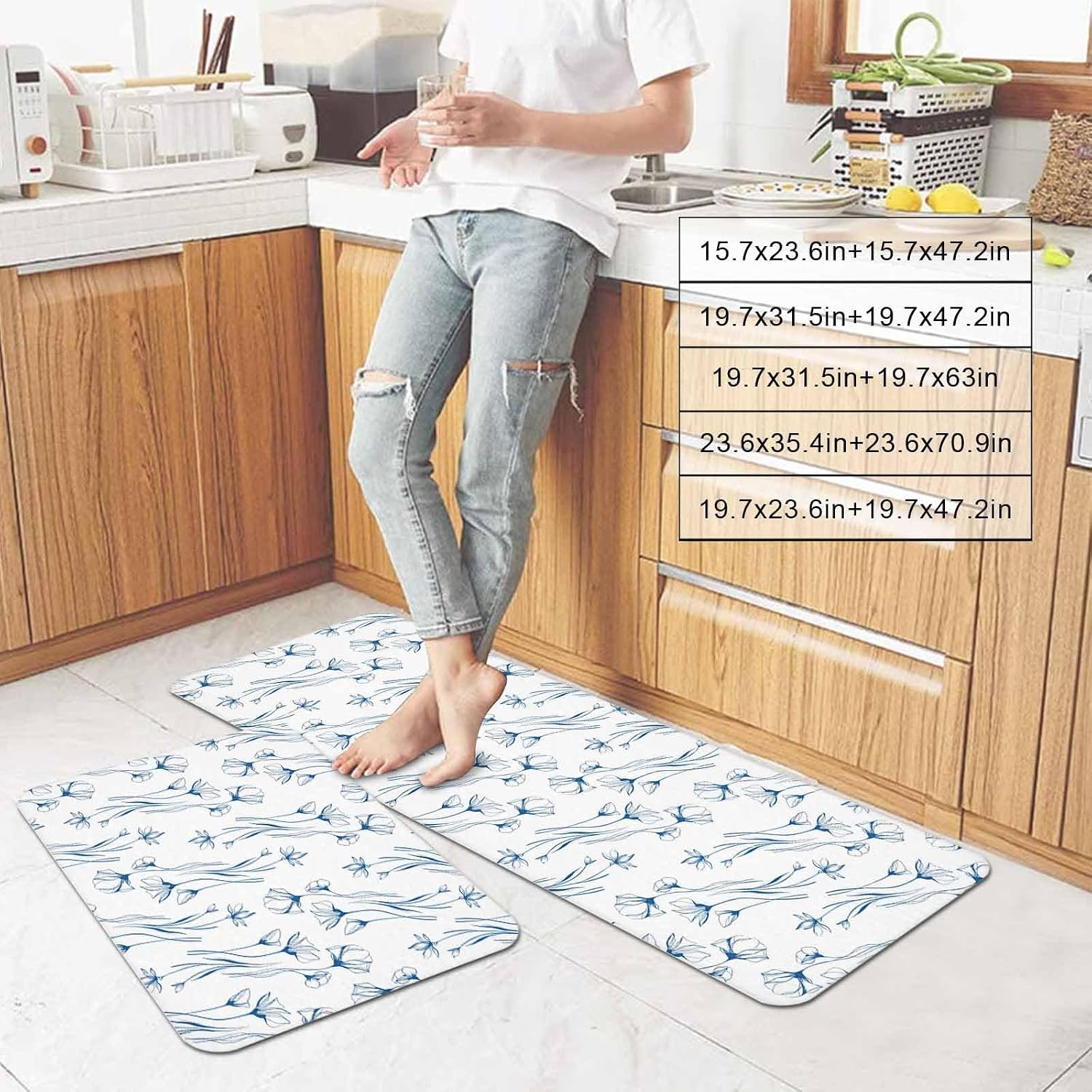 Spring Floral Kitchen Mat Set 2 Pieces Country Blue Flowers Simple Abstract Modern Non Slip Kitchen Rugs Washable Runner Rug Mats for Floor Sink Laundry Office 15.7" x 23.6"+15.7" x 47.2"