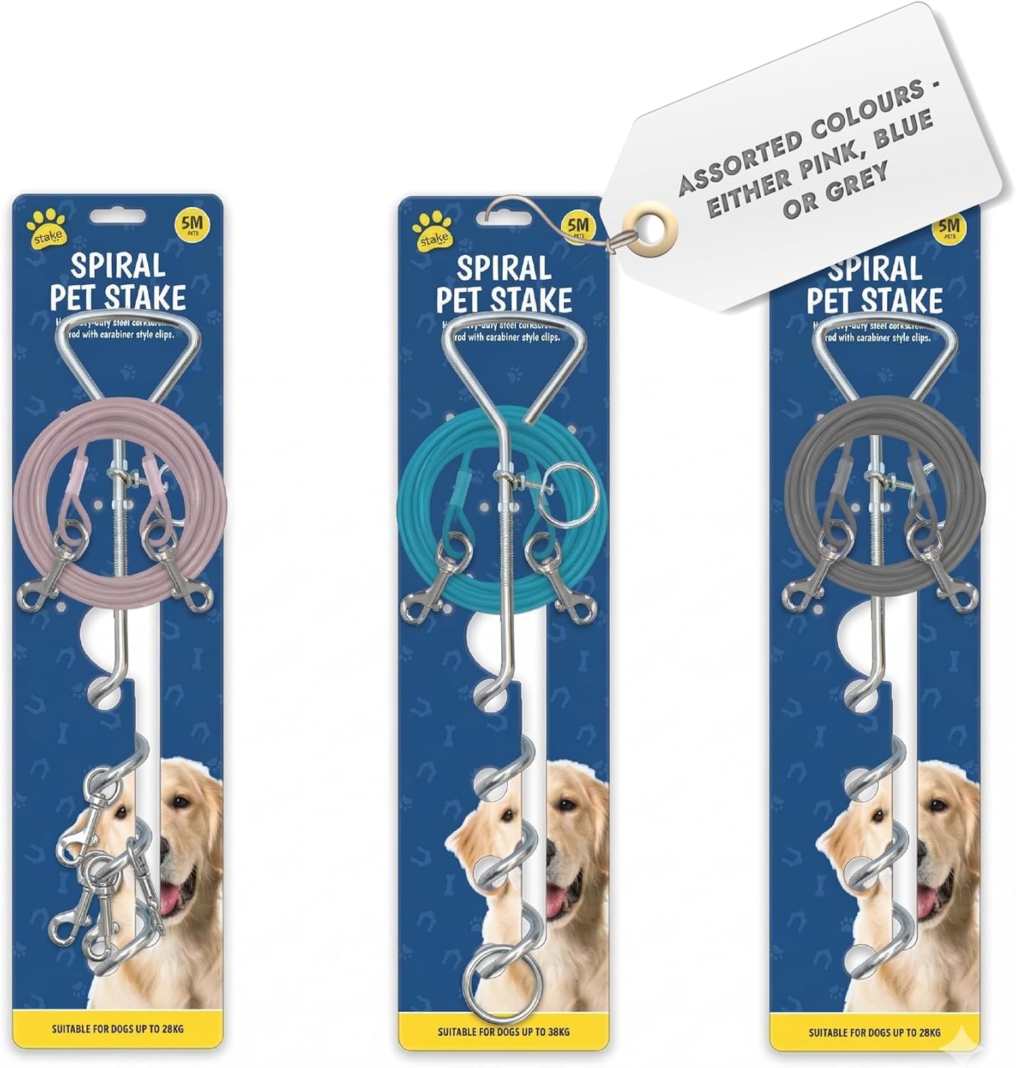 Spiral Dog Stake with 5M Lead, Dog Tie Out Cable and Ground Anchor for Dogs Up to 28KG, PVC Coated Wire Long Lead, Dog Camping Accessory, Assorted Colours