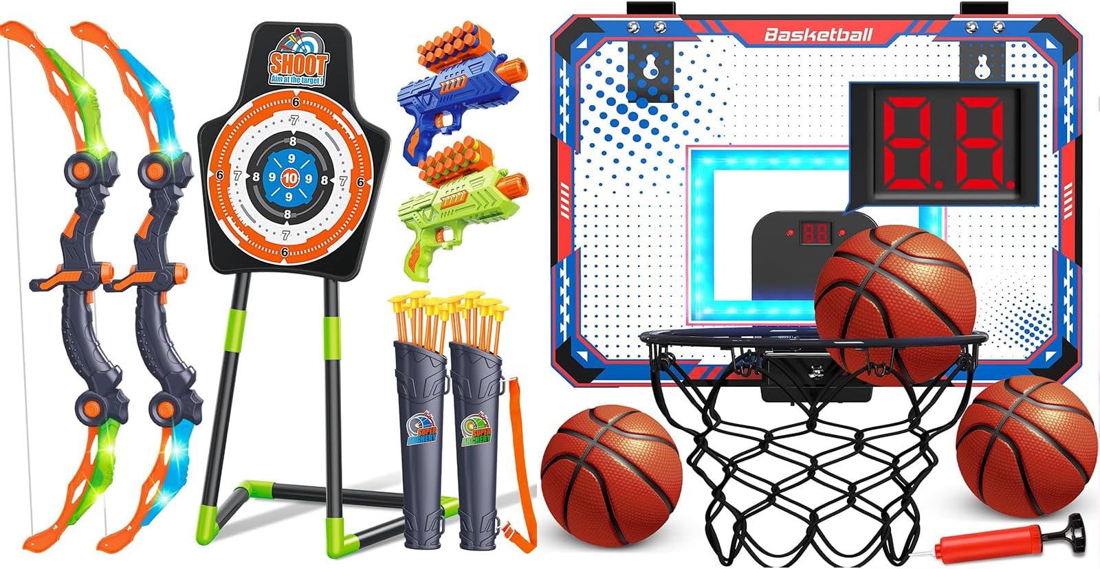 GMAOPHYBirthday Gifts for Boys Age 6 7 8 9 10+ Year Old Boys Kids, 2 Pack LED Light Up Archery Toy & Mini Basketball Hoop with Electronic Scoreboard Over The Door, Indoor & Outdoor Sport Games Toys