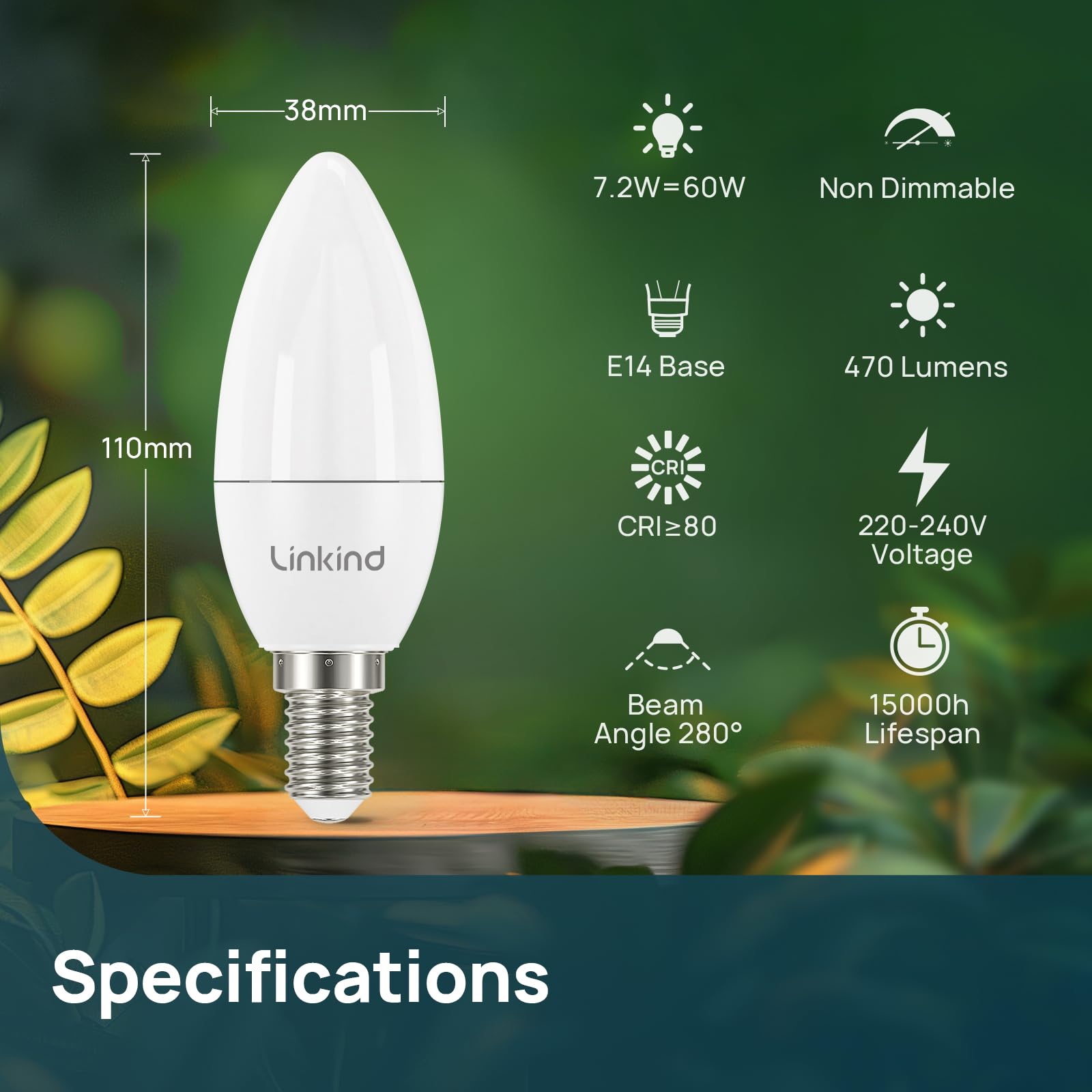 Linkind Lampadine LED E14 B35/C35 Candela, 7W(Equivalenti a 60W), Luce Bianca Calda 2700K, 806 Lumen, Non Dimmerabile, Pacco da 6