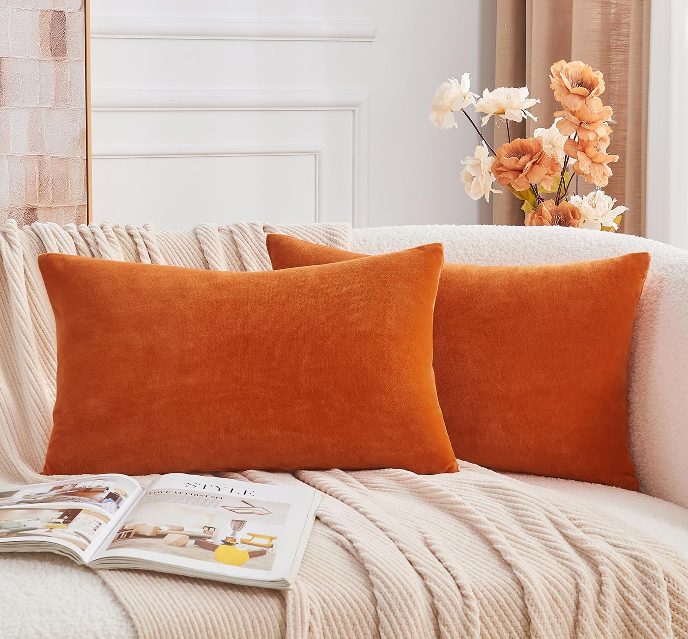 GriNeed Throw Pillow Covers Burnt Orange Set of 2 12x20 Inch Fall Pillow Covers, Soft Velvet Farmhouse Neutral Lumbar Decorative Pillowcases for Couch Sofa Bed, Home Boho Decor, Modern Cushion Covers — image 1