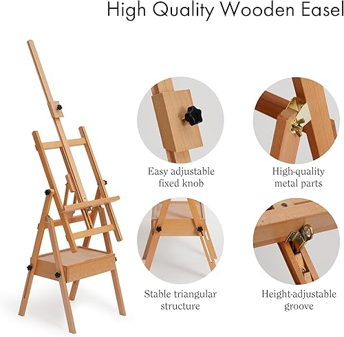 Miniatura 7 de ARTIFY - Caballete de madera grande con marco en H, soporte de lona resistente de madera de haya, uso horizontal y vertical, para acrílico, aceite,