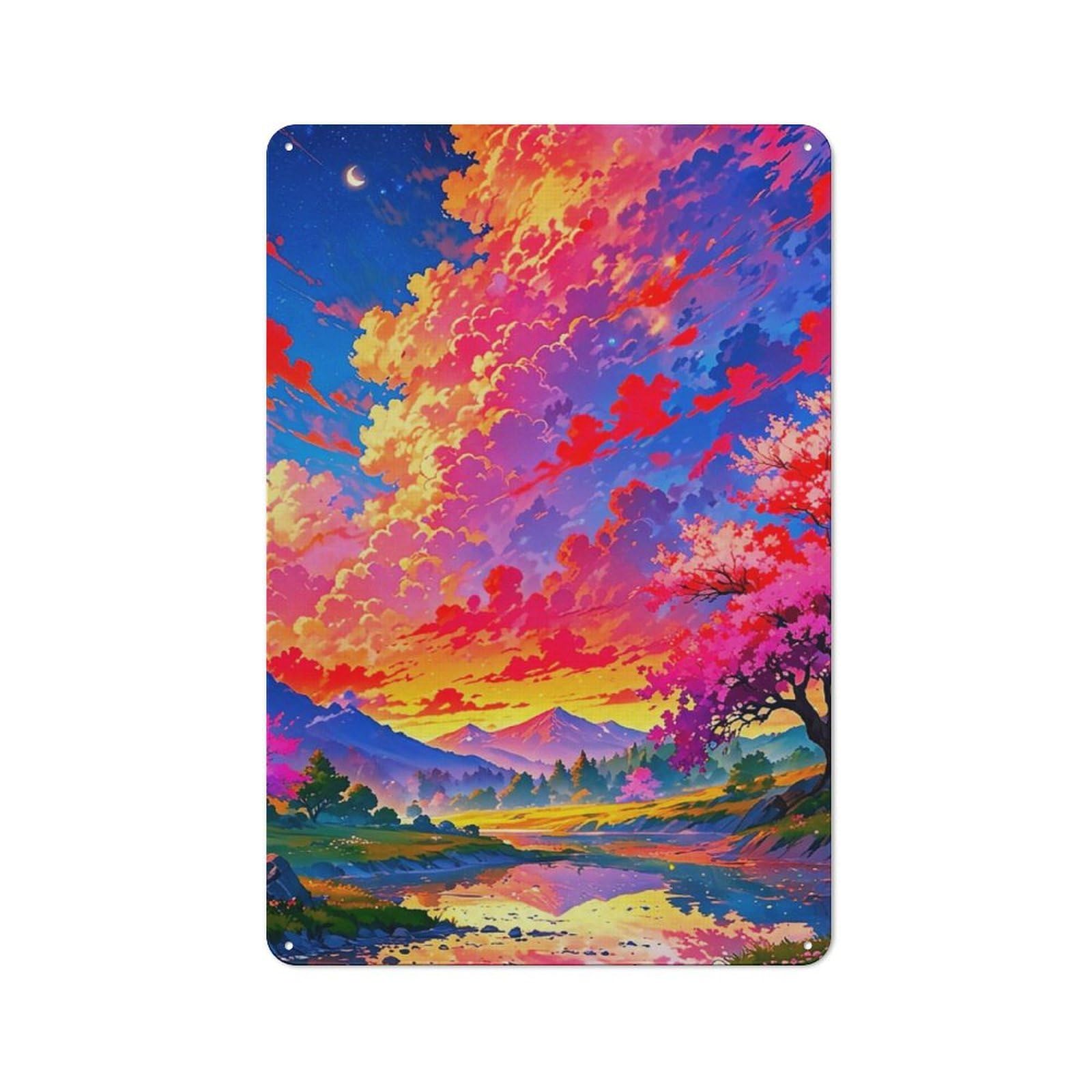 Junmoney Sunset Cherry Blossom Vintage Tin Sign 30X20cm With For Café Or Home Bar, Suited To Café-Style Decor Fans