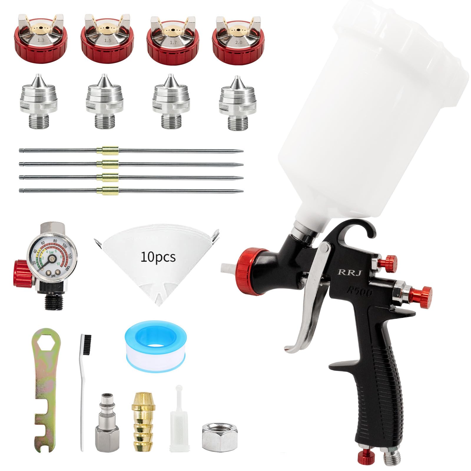 RRJ LVLP Spray Gun R500, Air Paint Gun Automotive with 1.3/1.5/1.8/2.0mm Nozzle & Air Regulator, 600cc Gravity Feed Air Spray Gun Premium Kit Auto Paint Spray Gun for Car Primers, Top Coat, Furniture
