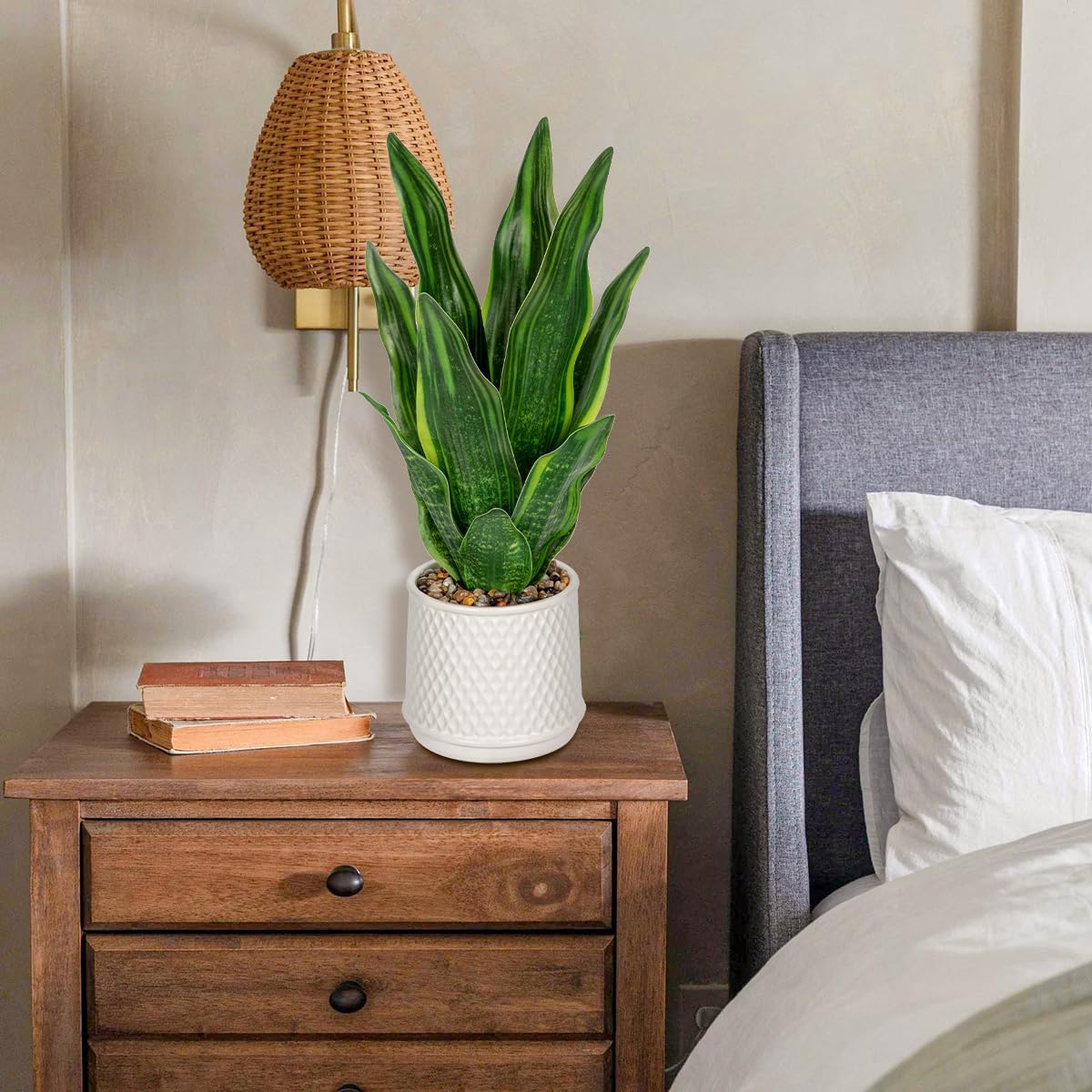 DILATATA Artificial Snake Plant 17 Inch Faux Snake Plant in Ceramic Pot with Sandstone Gravel, Fake Green Indoor House Plant for Modern Home Decor, Window, Shelf - Mother in Law Tongue Plant - Green