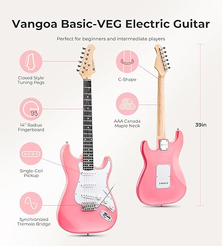 Miniatura 2 de Vangoa Guitarra eléctrica, guitarra eléctrica rosa de tamaño completo, kit de inicio para principiantes, cuerpo sólido de 39 pulgadas con