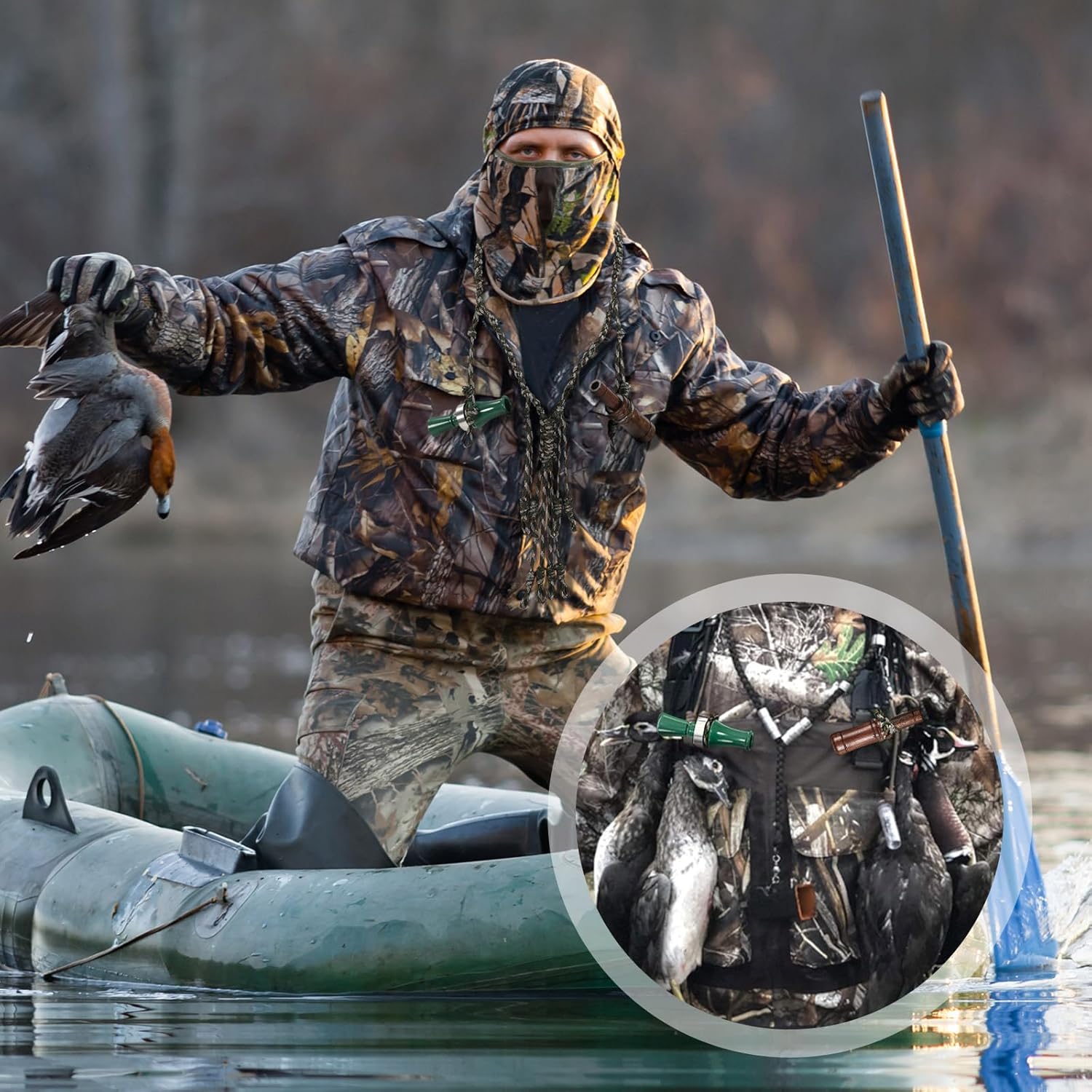 Hollowfly 4 Pack Duck Hunting Accessories, Waterfowl Goose Hunting Accessories Strap Game Carrier with 2 Duck Calls, 12 Adjustable Loops for Outdoor Predator Gear Hunter Gifts