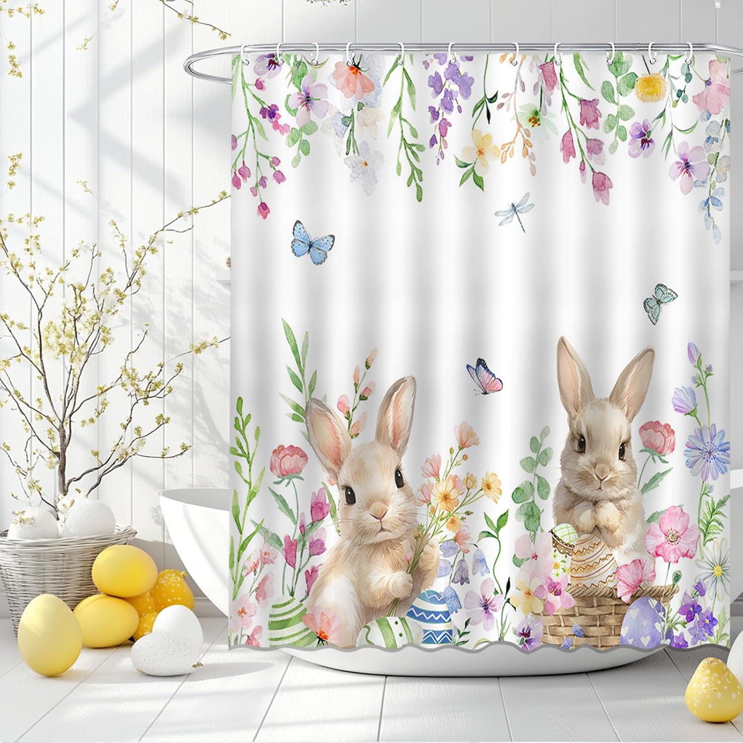 Amazon.com: Mocsicka Easter Bunny Shower Curtain Spring Easter Eggs ...