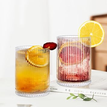WOPPLXY Ribbed Drinking Glasses Set of 6, 280ml Vintage Origami Style Glassware Cup, Clear Drinking Glass Tumblers for Coffee, Soda, Cocktail, Juice