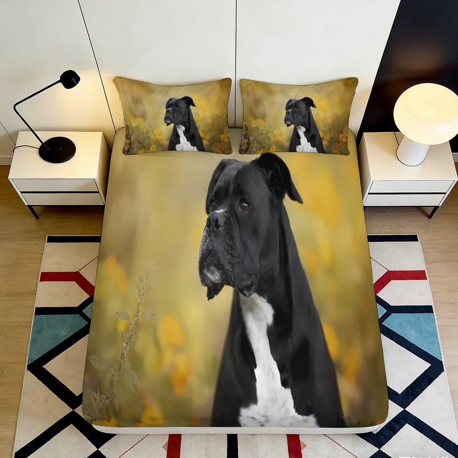 3D Printed Black Great Dane Fitted Sheet Microfiber Soft Breathable Dog Art Bed Cover for Bedroom Dorm Decor 90x200x25cm