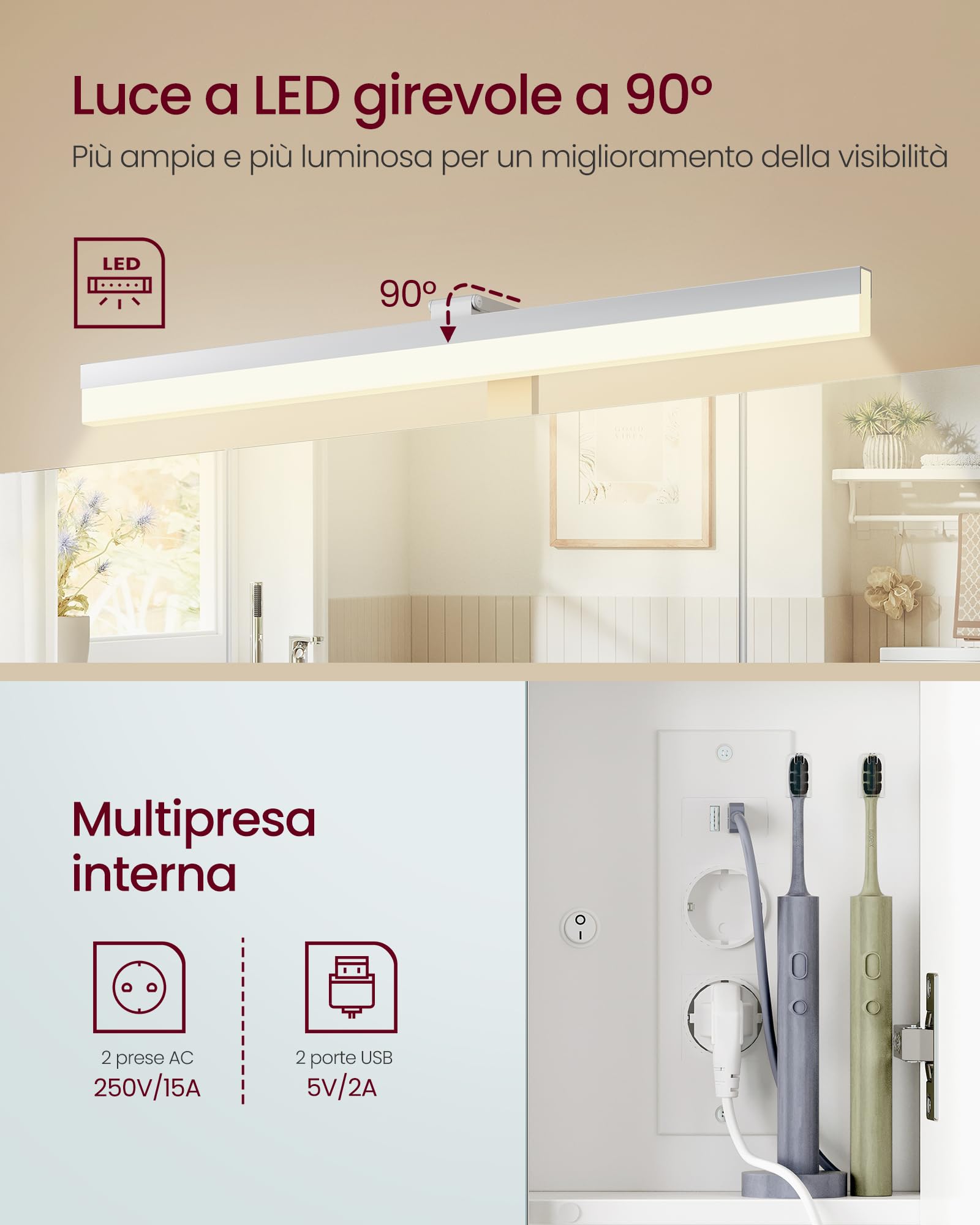 VASAGLE Specchio Bagno Contenitore con Luce, 3 Ante, Mobiletto da Appendere con Presa, 80 x 16,5 x 75 cm, Bianco, Armadietto Bagno Salvaspazio, Collezione DACEY BBK146WB01