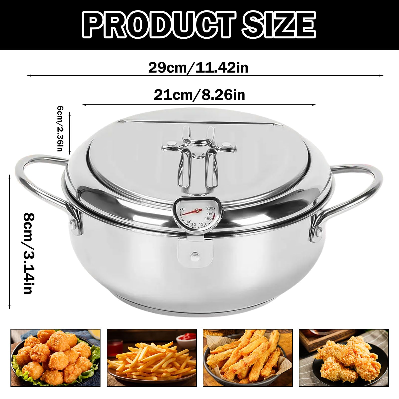 Pentola per friggitrice, con termometro, piccola pentola in acciaio inox, coperchio e scolapiatti per patatine fritte, gamberetti, pesce (20 cm)
