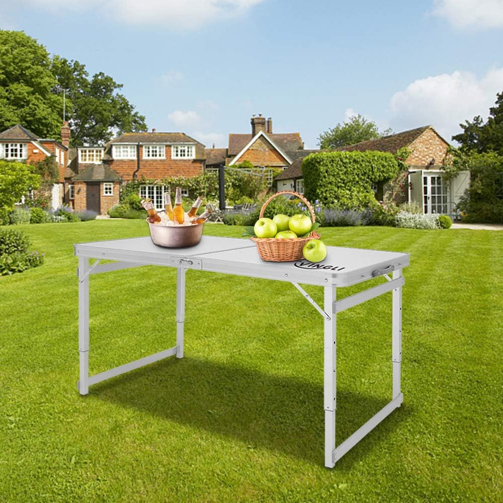 VINGLI Folding Table 4 Foot with Adjustable Height & Carry Handle, Small Portable Collapsible Suitcase Table for Outdoor/Indoor Picnic Camping Dining Table, Aluminum Utility Deck