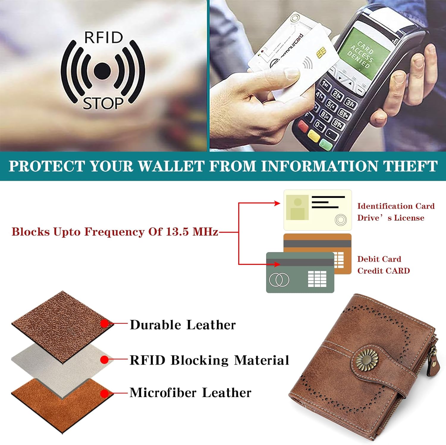 SENDEFN Small Womens Wallet Leather Bifold Card Holder RFID Blocking with Zipper Coin Pocket - Image 5