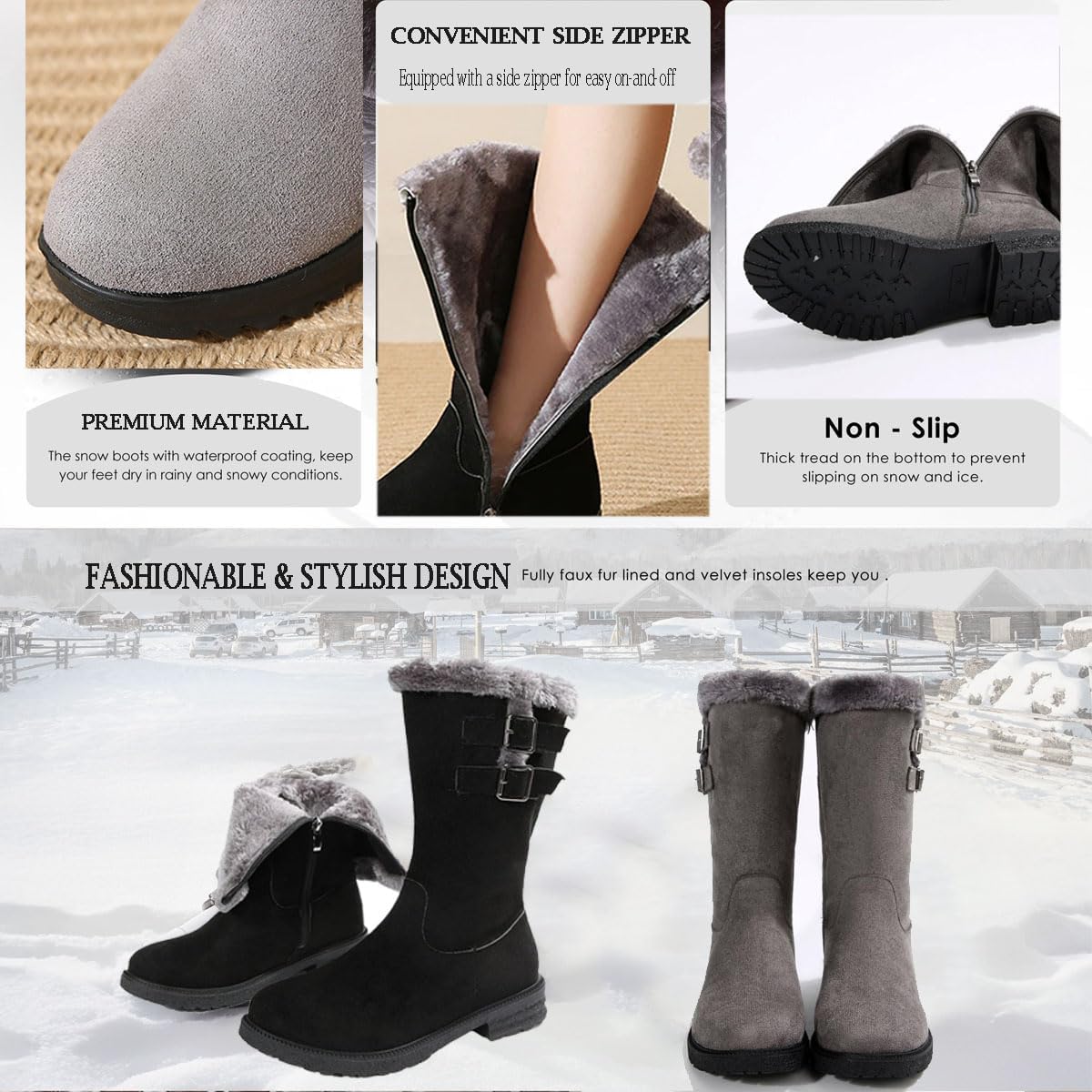 Women's Fashion Mid-Calf Snow Boots, Comfort Booties for Women Faux Fur Lining Non Slip Winter Snow Boots for Hiking