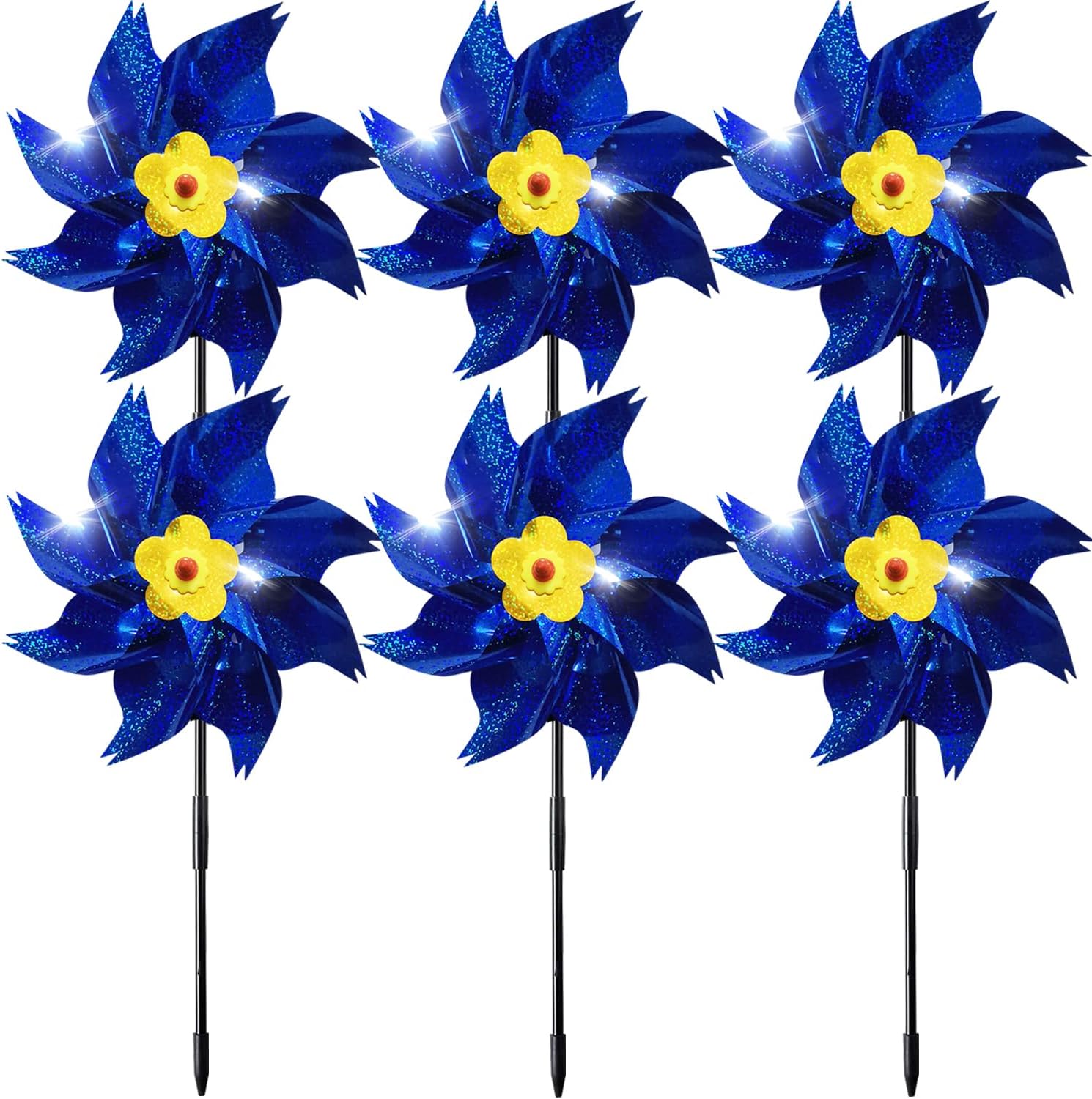 Sparkly Reflective Pinwheels with Stakes, Wind Spinners Outdoor Bird Scare Devices, Foil Pin Wheel Holographic Whirl Windmill for Yard Garden Decor Garden Wind Spinner 6 Packs - Gold