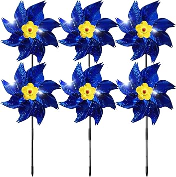 Sparkly Reflective Pinwheels with Stakes, Wind Spinners Outdoor Bird Scare Devices, Foil Pin Wheel Holographic Whirl Windmill for Yard Garden Decor Garden Wind Spinner 6 Packs - Blue