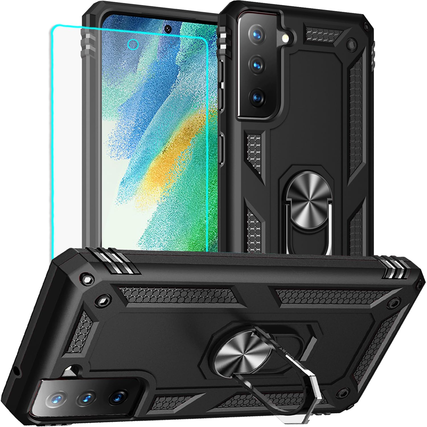 Samsung Galaxy S21 FE 5G Case with HD Screen Protector, Military Grade Protective Case with Ring (Black)