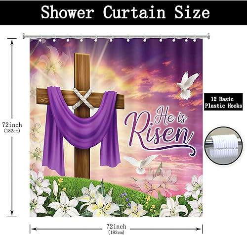 Miniatura 2 de ZTHMOE Cortina de ducha de Pascua con texto en inglés He is Risen para baño, primavera, cristiana, lirio, Jesús, decoración del hogar, juego de