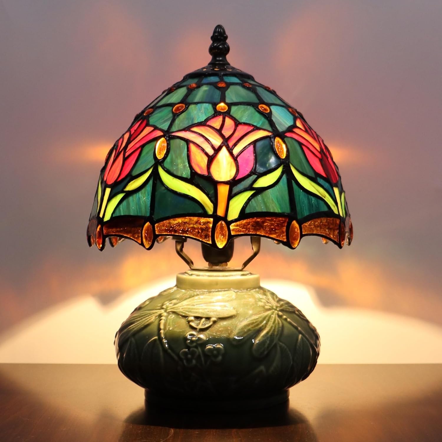 ZR98US 11-inch Stained Glass Mushroom Lamp with Ceramic Base Bedroom, and Dining Table Decoration Suitable for Living Room, Dormitory, Office,(Tulip Style)