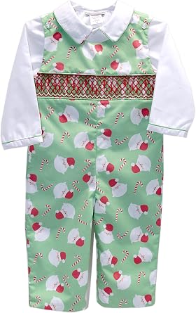 Carouselwear Boys Green Smocked Christmas Longall with Santa Claus Outfit for the Holidays Newborn Baby