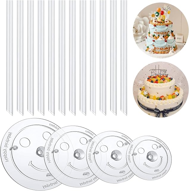 16Pcs Cake Plate & Stand Set, Cake Dowel Rods Sticks with Cake Base (9/12/16/20cm) Reusable Cake Accessories for Tiered Stacked Cakes Decoration Birthday Party Baby Shower Wedding Supplies