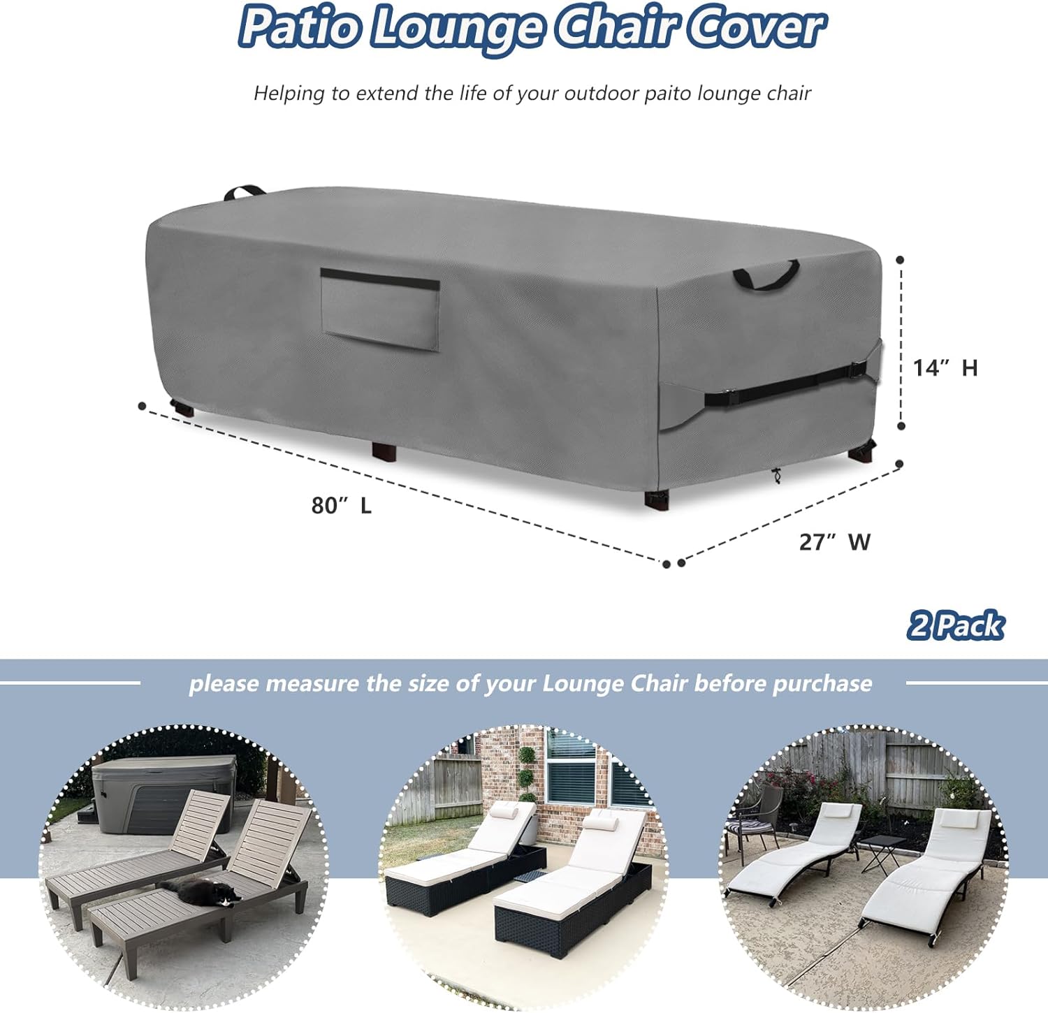 Waterproof Patio Lounge Chair Cover 2 Pack,Heavy Duty 600D Waterproof Outdoor Chaise Lounge Covers,Outdoor Furniture Covers Compatible with 80" x 27" x 14" H,Grey - Image 2