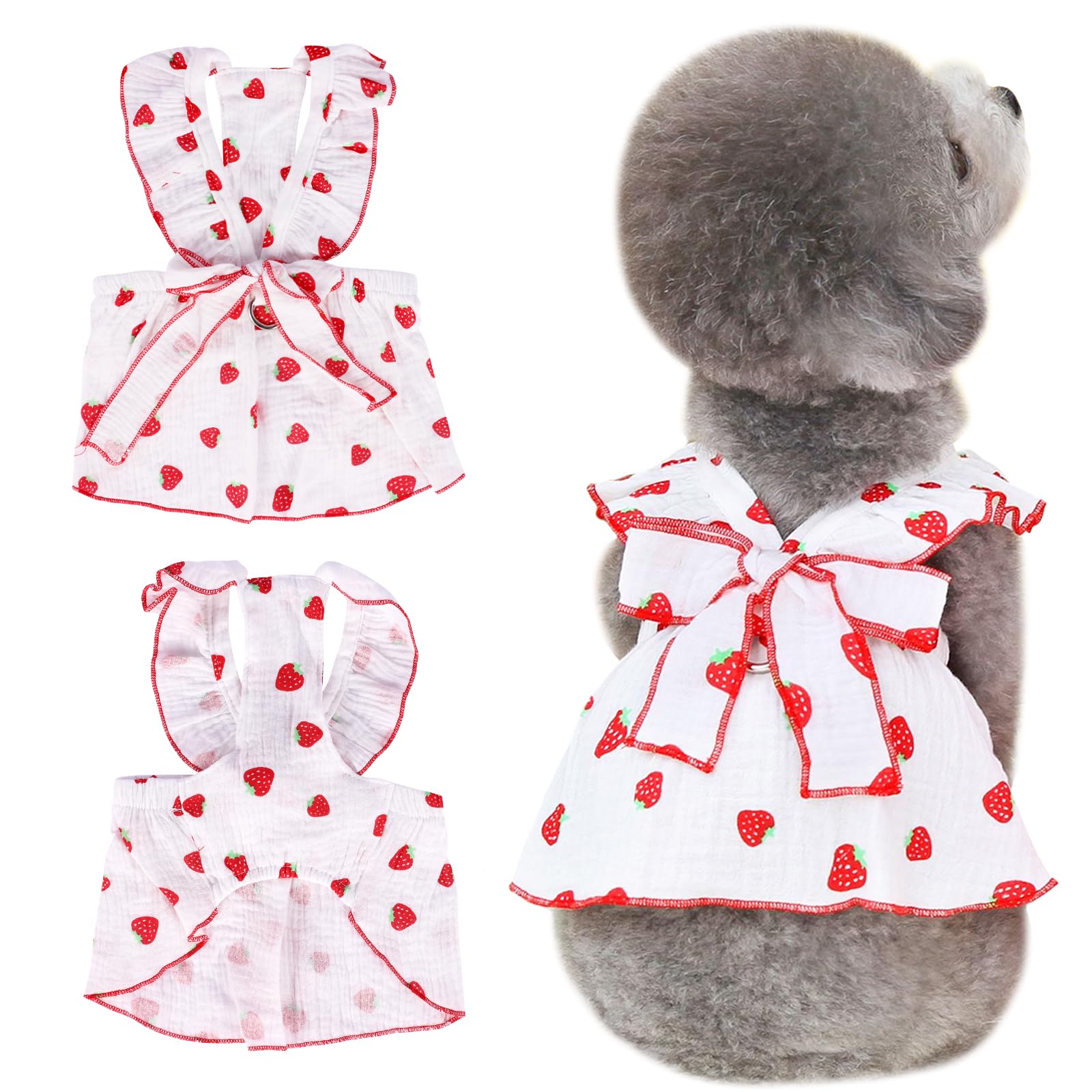 Kunyeah Girl Dog Dresses Pet Strawberries Princess Dress Summer Sleeveless Puppy Clothes Cat Bow Decor Costume with Leash Ring Breathable Vest for Small Medium Pet (White