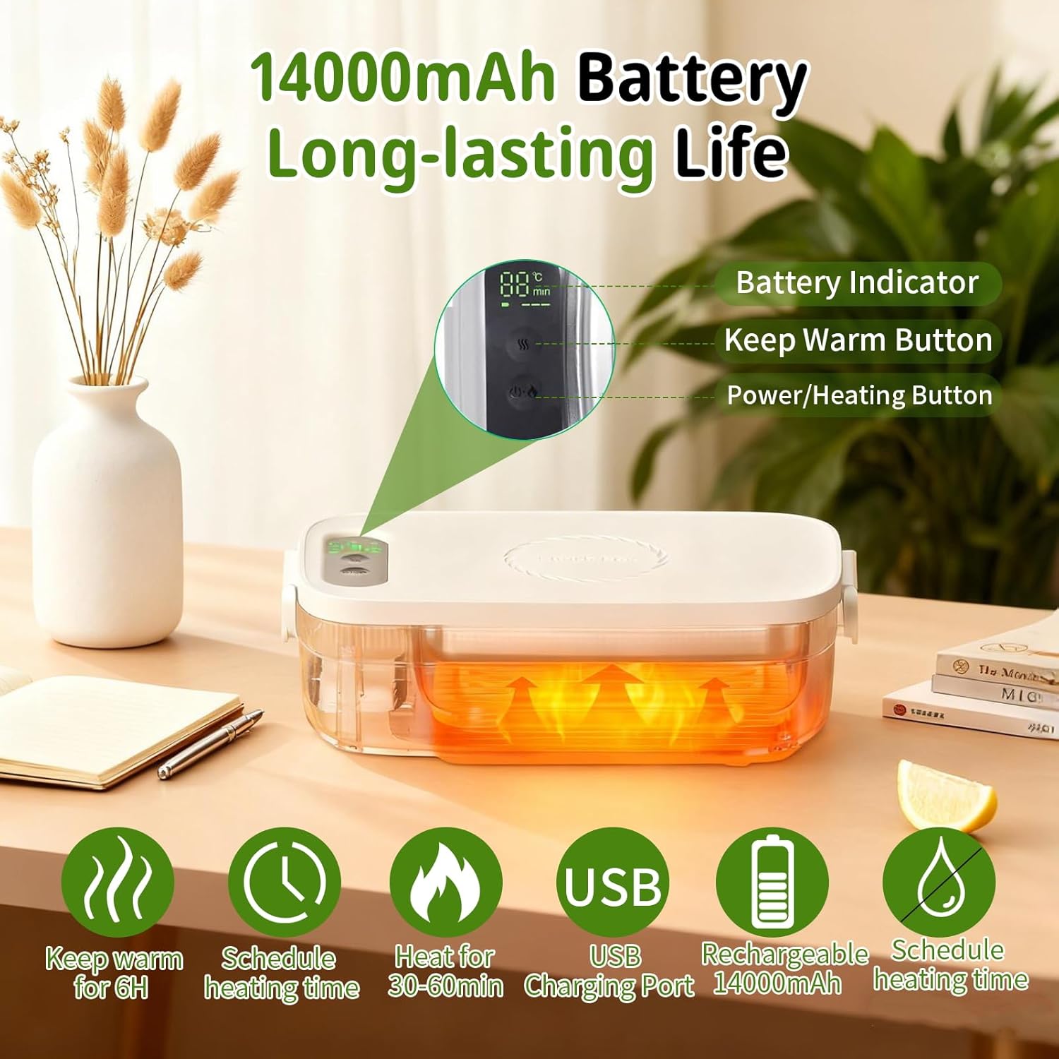 Cordless Electric Lunch Box for Adults, 1L Rechargeable Heated Lunch Box with Timer, Protable Self-Heating Food Warmer for Picnic/Travel/Work