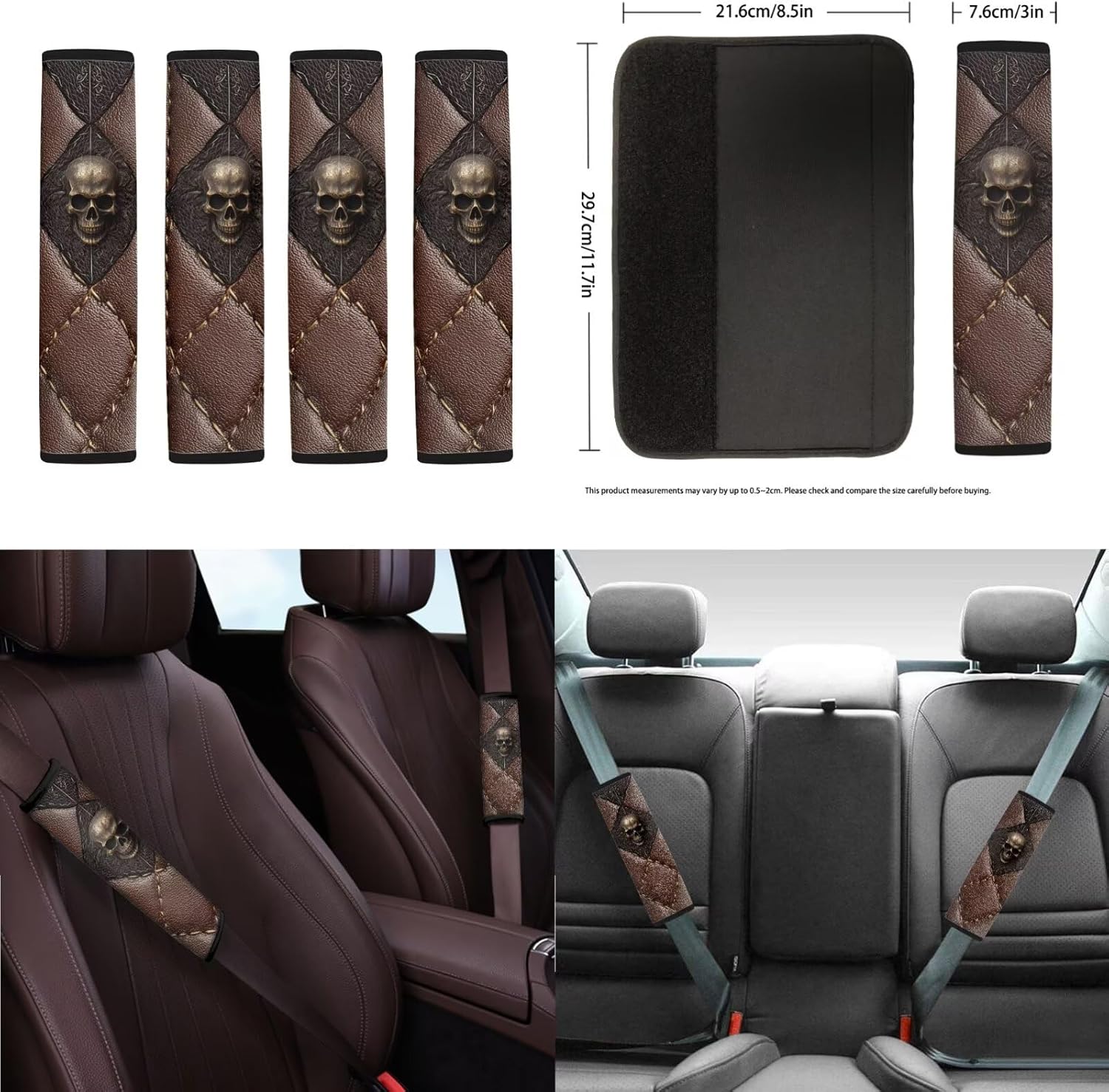 Skull Print Front Back Car Seat Cover with Steering Wheel Cover Headrest Covers Safety Belt Pad Center Console Pad Gear Lever and Hand Brake Covers Cup Cushions Key Chain