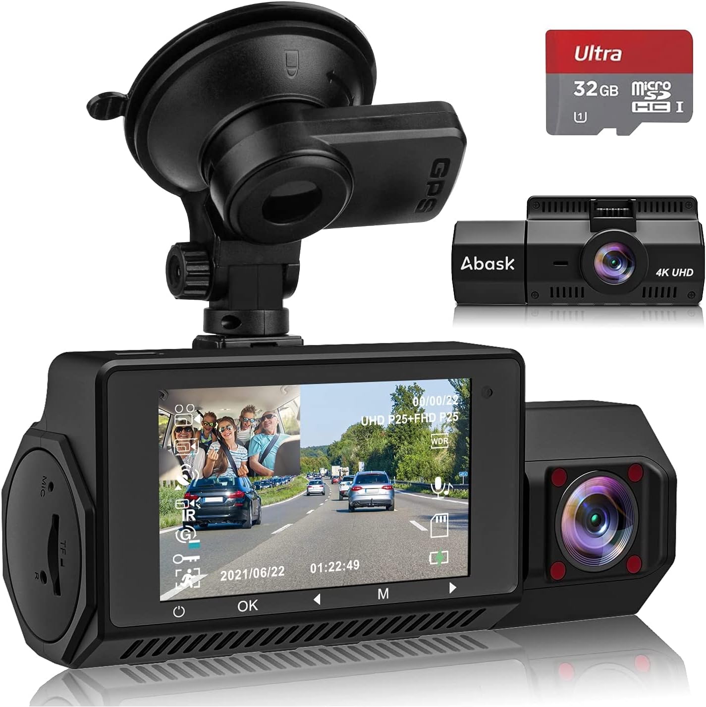 abask Dash Cam Auto, Doppia 4K+1080P Telecamera Auto con Scheda SD 32G, (c0W