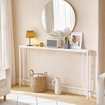 HOOBRO Narrow Console Table 140cm Multi Socket Entryway Table Behind Sofa Living Room Hallway Metal Frame White EWW145CXG01