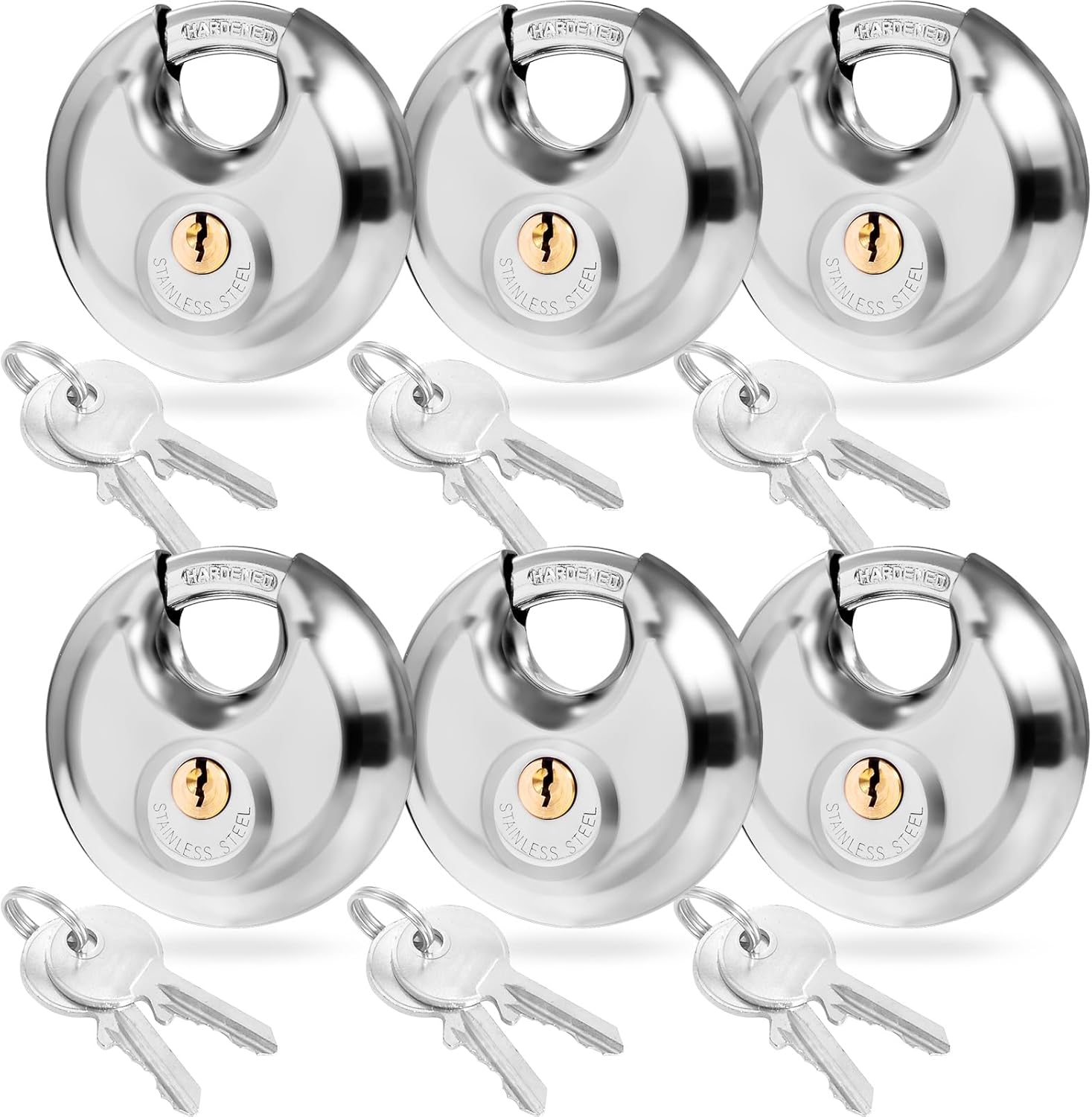 6 Pack Keyed Alike Disc Padlocks, 2-3/4" Stainless Steel Heavy Duty Padlocks with 3/8" Shackle, Waterproof & Rustproof for Storage Units, Sheds, Gates & More