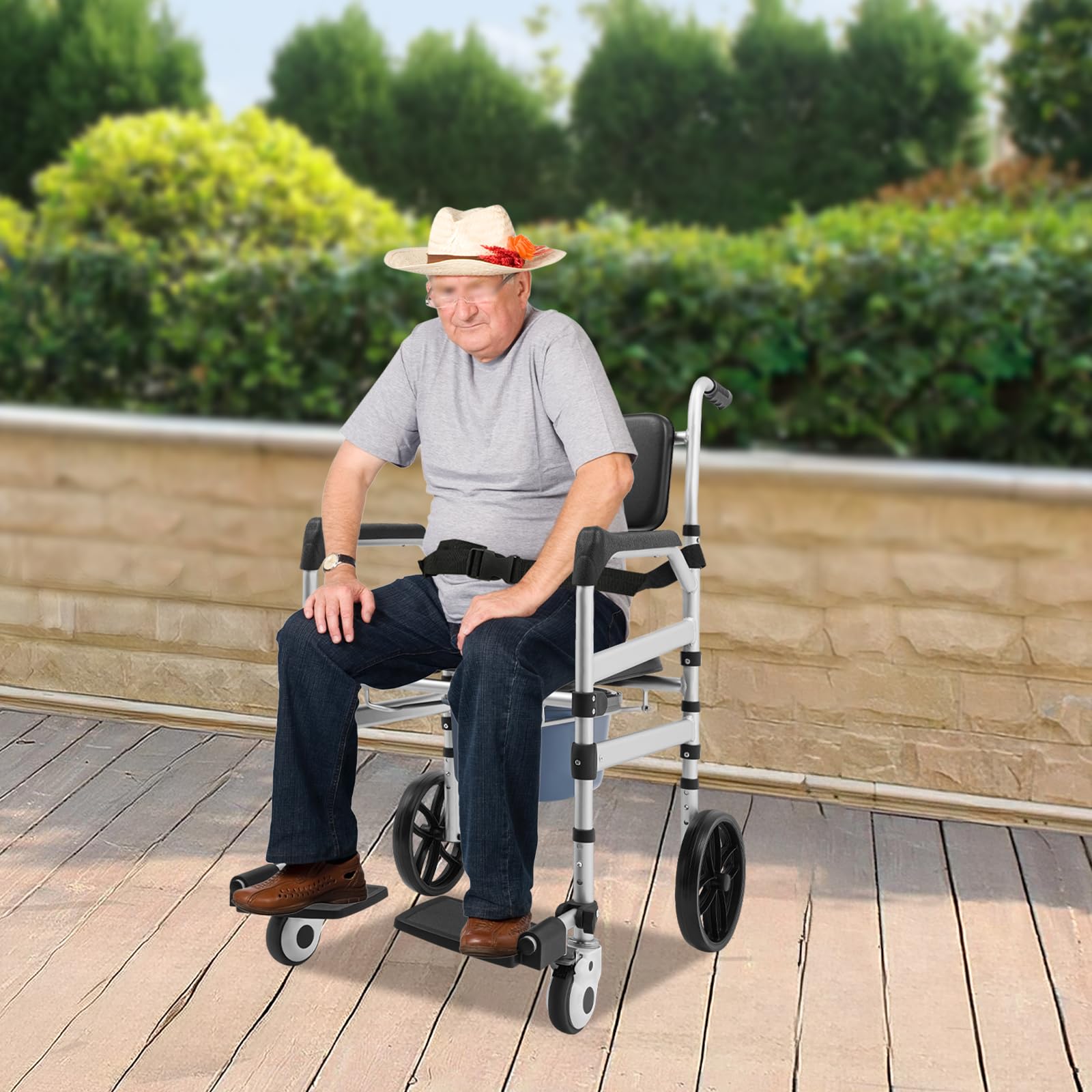 Silla de ducha ajustable para personas mayores, altura del asiento 46 – 51 cm, silla de ducha plegable con piscina de orina, silla de ruedas antideslizante con ruedas y reposapiés, silla de baño para