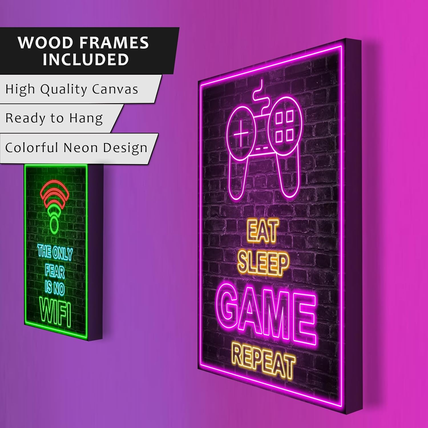 Framed Gamer Room decor, Printed Neon Canvas Video Game Decor, Gaming Wall Art for Boys Bedroom Gamer Game Room Boys Room (Set of 6, 8x10 inch, Framed)