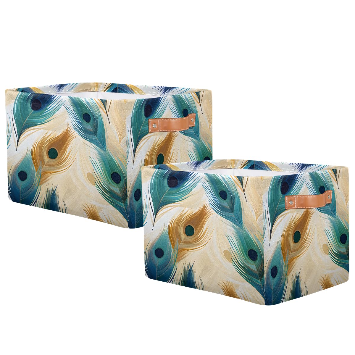 Mexpekil Cesta de almacenamiento plegable con patrón de plumas azules de pavo real, caja de almacenamiento de juguetes para niños, organizador de tela para estantes, cesta de regalo grande con asas, 2