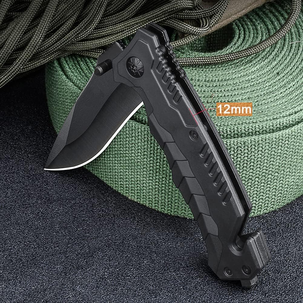 Folding Pocket Knife 3.54" Steel Blade Tactical Folding Knife with Glass Breaker Pocketclip Seatbelt Cutter Bottle Opener Knives for Rescue Outdoor Survival Camping Hunting Fishing Hiking EDC