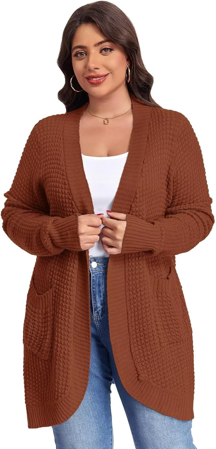 LARACE Long Cardigans for Women Plus Size Tops Open Front Sweaters with Pockets Waffle Ribbed Sleeve Loose Fall Outwear - Image 5
