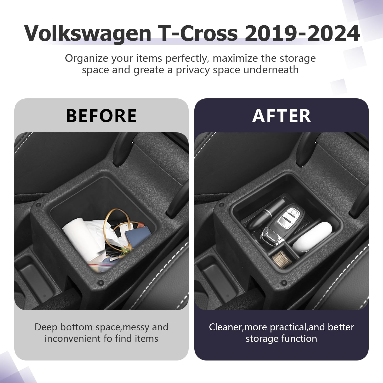 Set Di 2 Organizer Per VW T-Roc 2018-2025 – Vassoio Console Centrale E Portabraceiolo Con Tappetini Antiscivolo