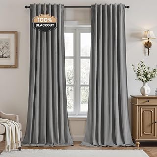 HOMEIDEAS 100% Blackout Velvet Curtains Grey 96'' 2 Panels for Bedroom