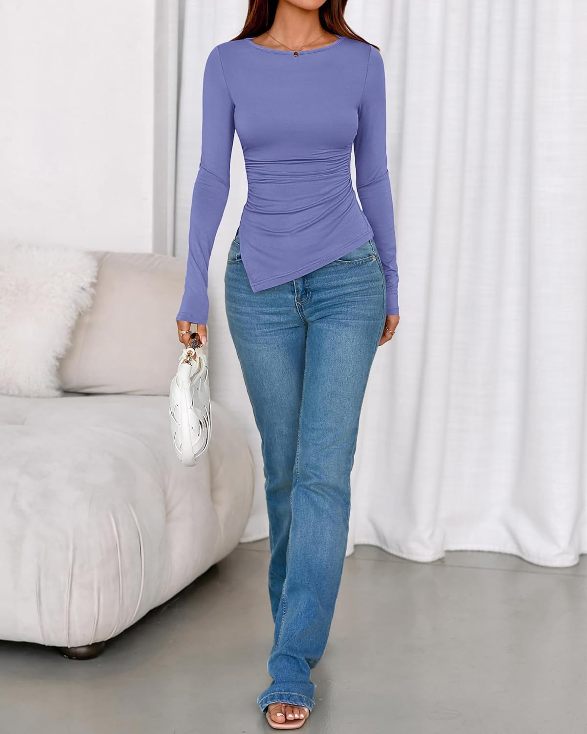 BTFBM Asymmetrical Tops for Women Long Sleeve Shirts Fall 2025 Ruched Slit Fitted Basic Tees Y2k Going Out Tunic Top - Image 5