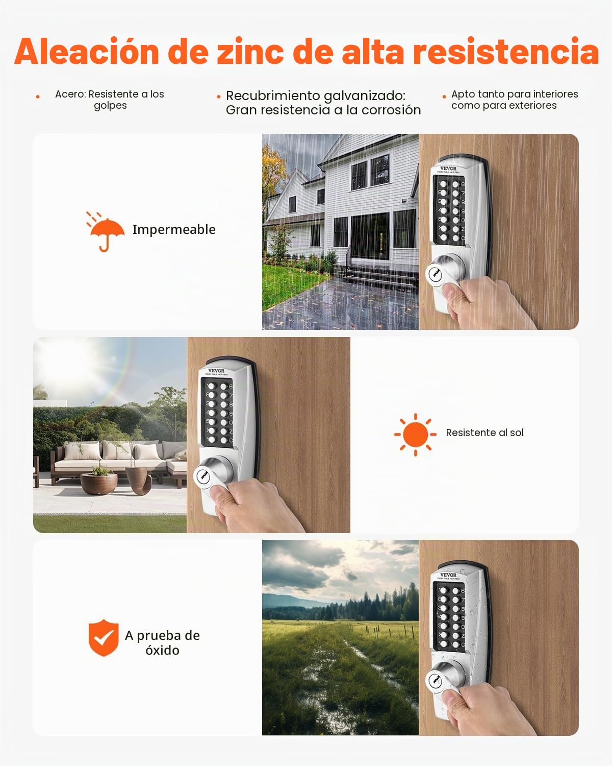 VEVOR Cerradura de Combinación Mecánica con Teclado de Una Cara 14 Teclas, Cerradura de Puerta con Manija y Llaves, Bloqueo de Código Incorporado para el Hogar, Oficina, Exterior, Cerca, Plateado