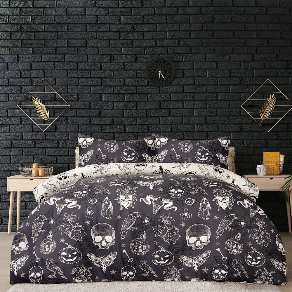 Smart Living Charcoal Luxury Soft Reversible Mystical Gothic Duvet Cover & Pillowcases Double